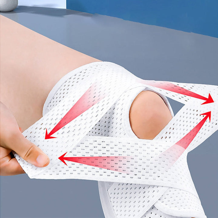 Detailed view of the white knee support strap showing elastic bands and breathable mesh structure