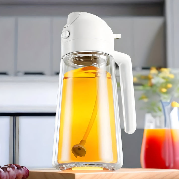 Kitchen oil spray bottle showing dual-function mist and stream trigger design