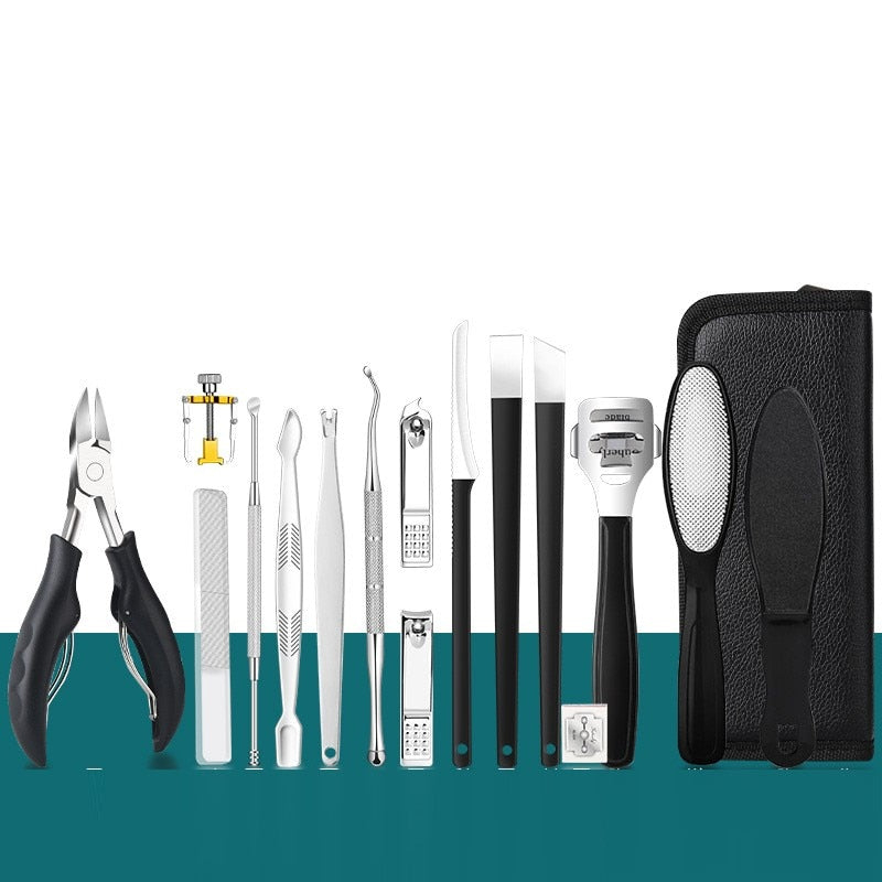 Black variant 17-piece professional manicure and pedicure set laid out with carrying case
