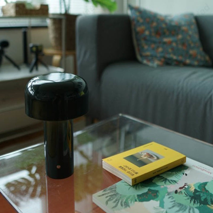 Wireless retro LED table lamp showing cordless design and portable lighting