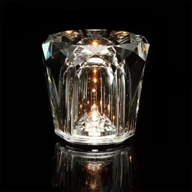 Cordless ambient crystal lamp illuminating a modern restaurant table setup