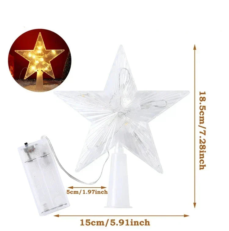 Side profile of glowing LED star tree topper showing slim silhouette and bright lights