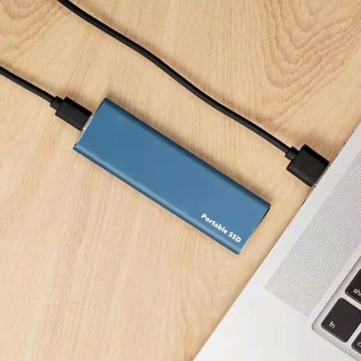 Close-up of the high-speed USB-C port on the external portable storage device