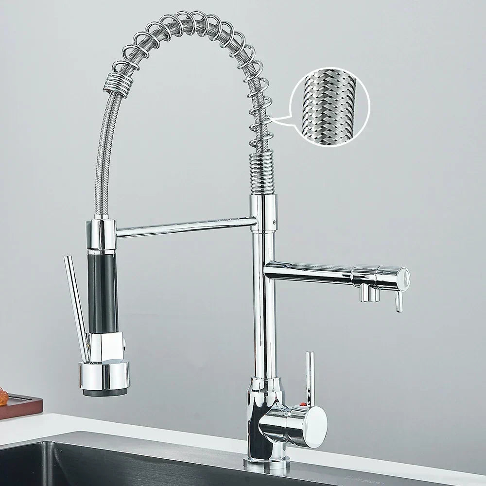 Chrome finish kitchen faucet detail showing braided hose structure