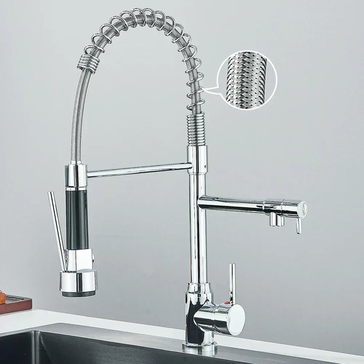 Chrome finish kitchen faucet detail showing braided hose structure