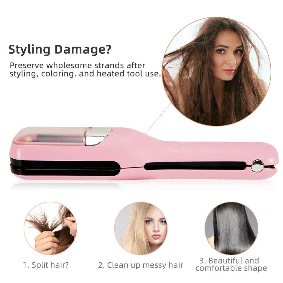 Rechargeable split end hair trimmer showing the precision blade chamber and lock button.