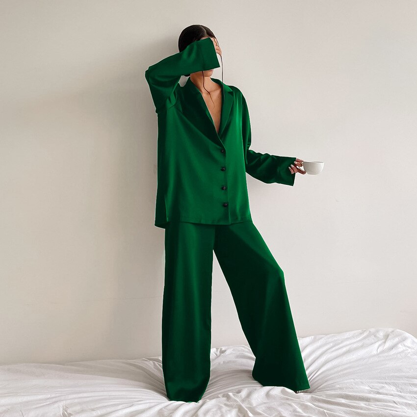 Womens luxury satin sleepwear set showing detailed collar and button-up design