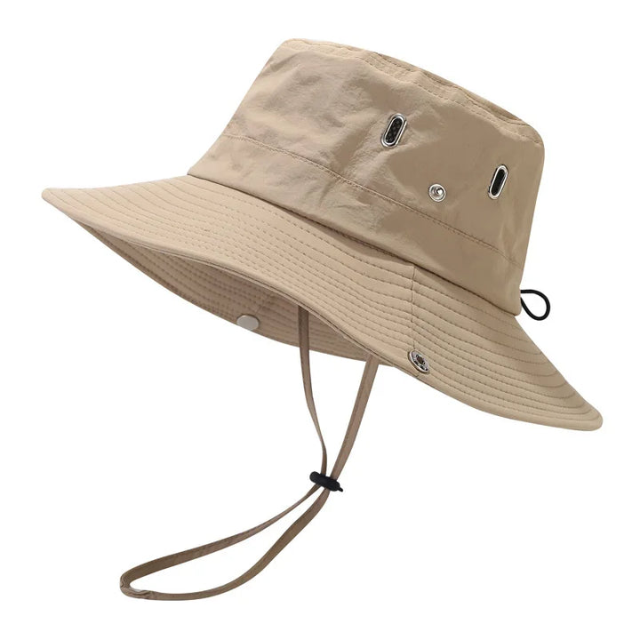 Side profile of khaki travel sun hat showing structured bucket crown