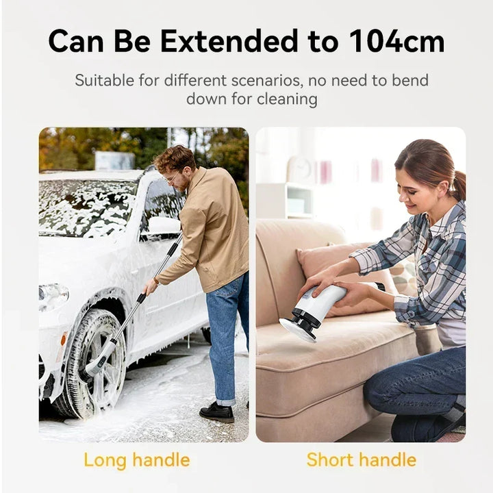 Handheld spinning brush for bathroom cleaner application with ergonomic grip and power button