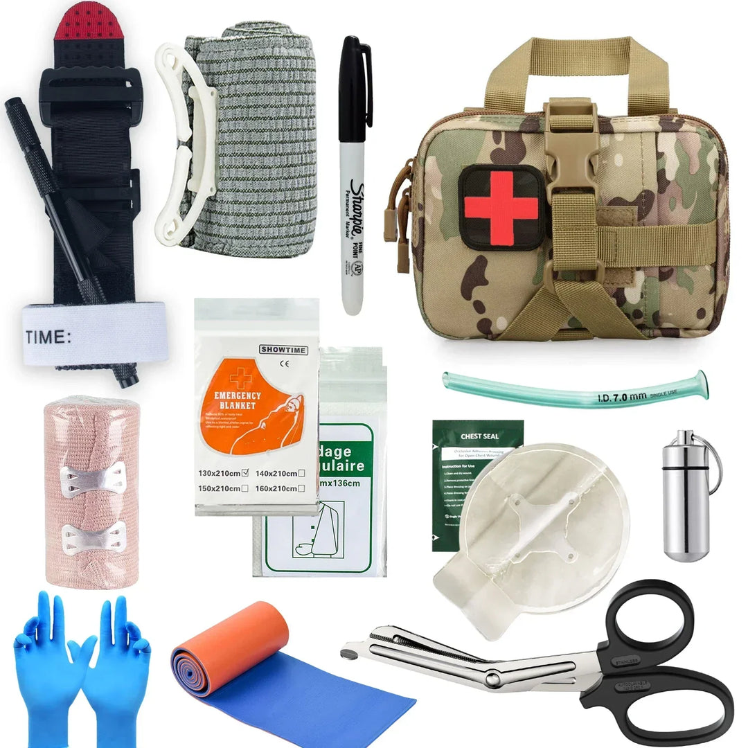 Complete set of 13 medical instruments and trauma supplies laid out flat