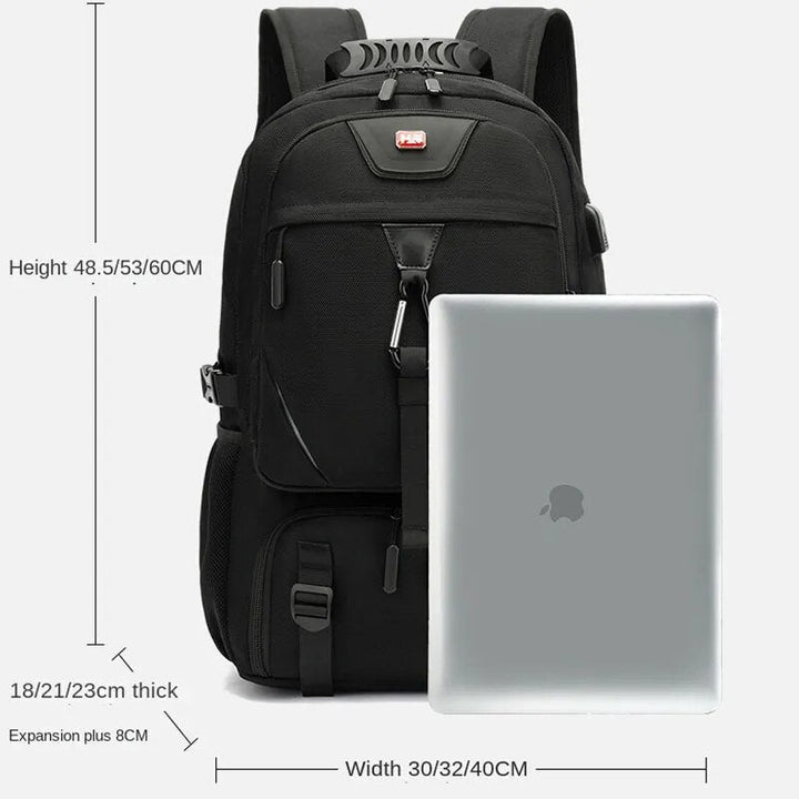 Backpack height, width, and thickness dimension diagram with laptop comparison