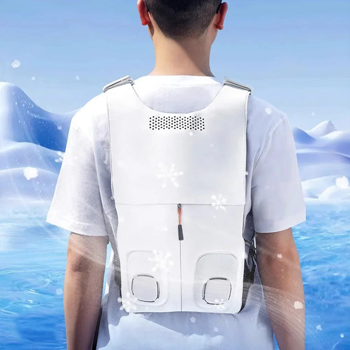 Unisex lightweight cooling vest in white showing dual cooling fans for summer outdoor wear