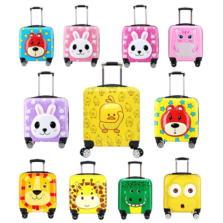 Collection of colorful children's hard-shell suitcases featuring various animal and cartoon designs on display.