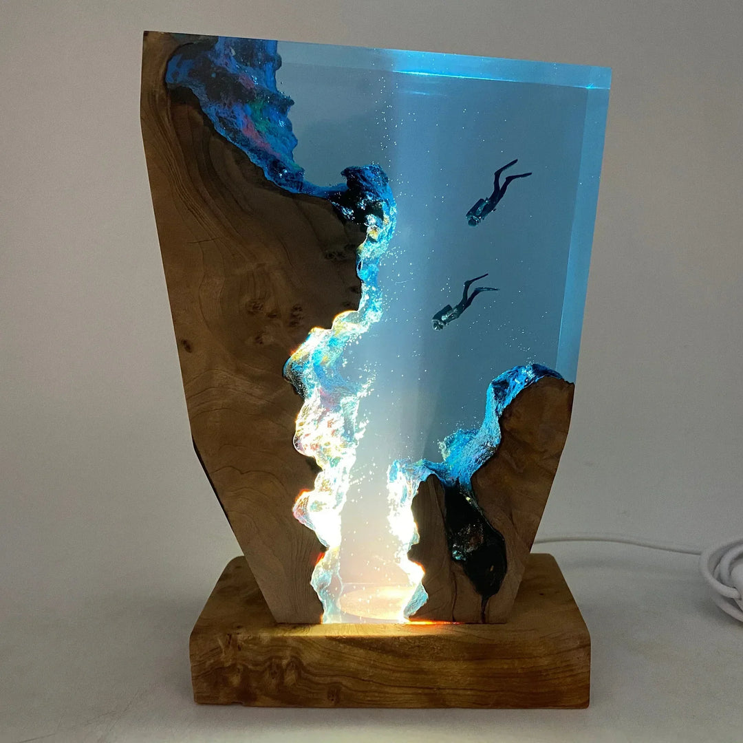 Close-up view of the handmade ocean resin night light showing layered epoxy depth
