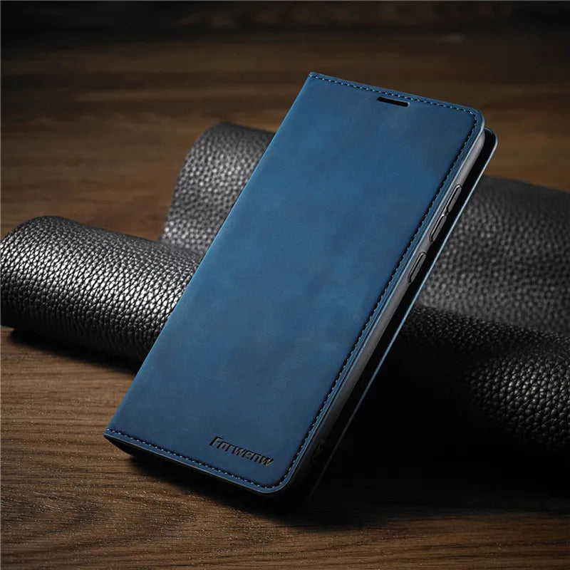 Blue magnetic flip phone case displayed on a dark surface