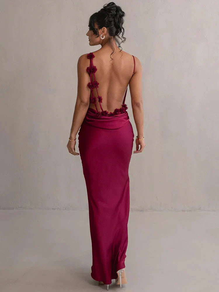Full length view of elegant party wear maxi dress with floral pattern
