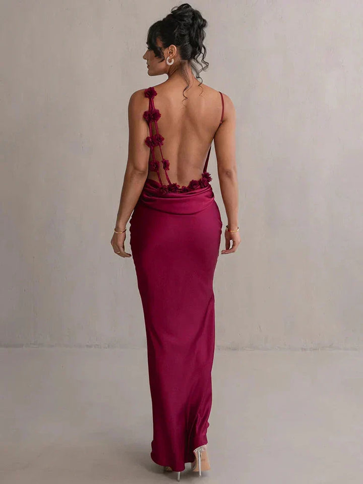 Full length view of elegant party wear maxi dress with floral pattern