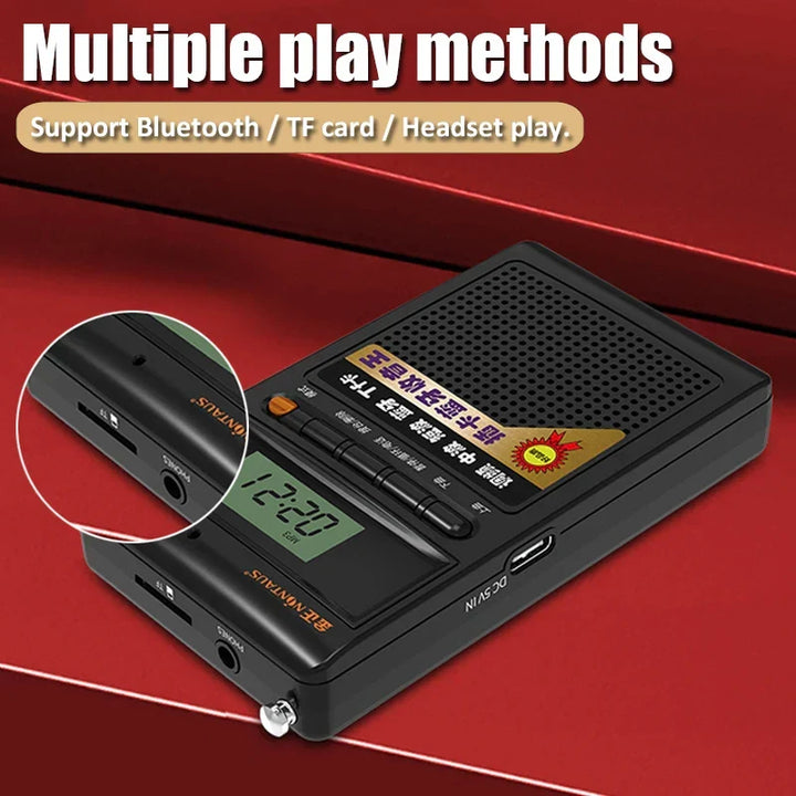 Mini pocket radio and MP3 player showing AM, FM, and SW frequency bands clearly.