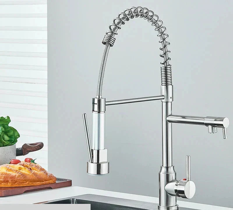 Complete pull-out kitchen faucet system with mounting hardware and hoses