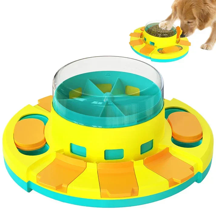 Golden retriever dog eating from colorful interactive puzzle pet feeder