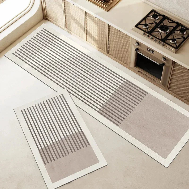 Kitchen mat in style option placed neatly in front of cooking stove and cabinets
