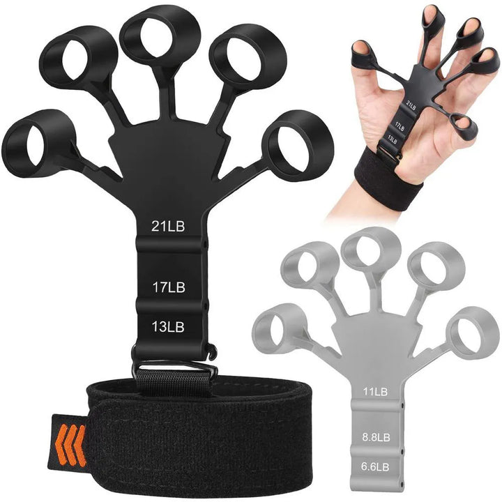 Black and gray grip strengthener models with hand demonstration