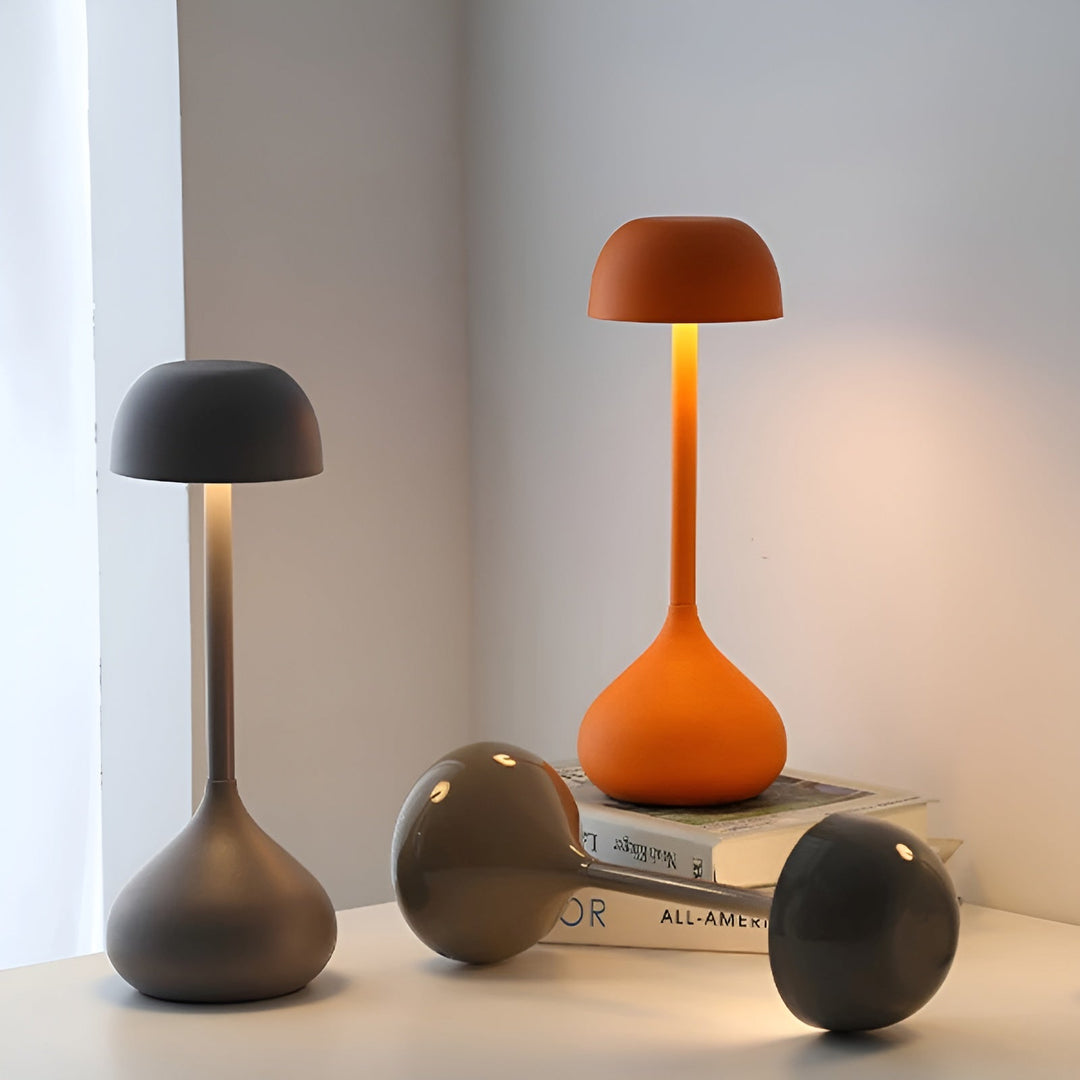 Elegant cordless mushroom LED light styled in a cozy living room interior
