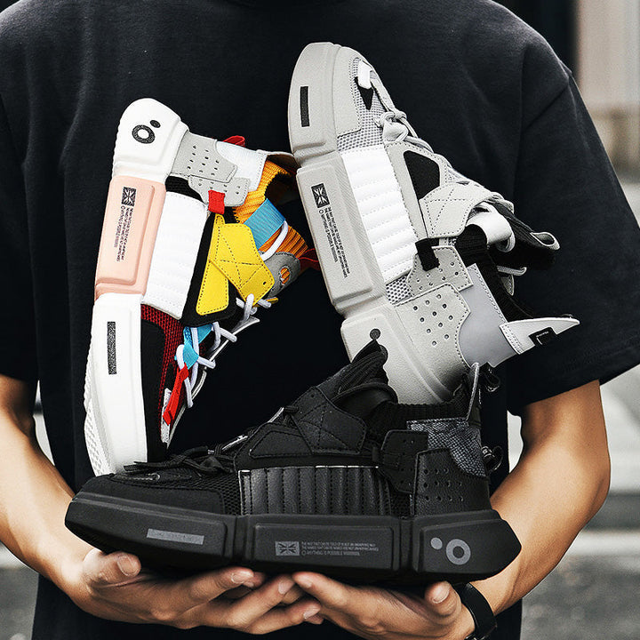 Side profile of men's urban streetwear sneakers in modern neutral tones
