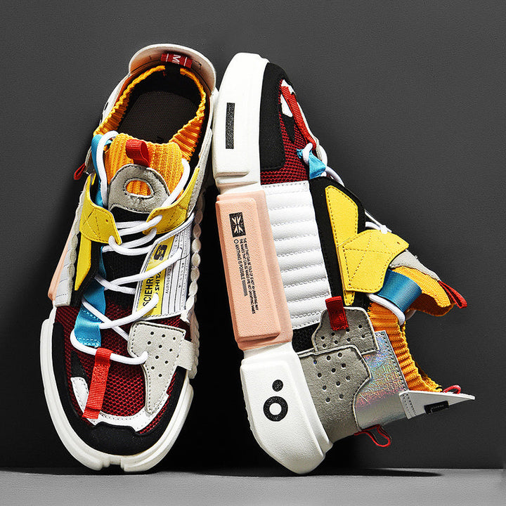 Colourful multi-panel men's urban trainers viewed from above