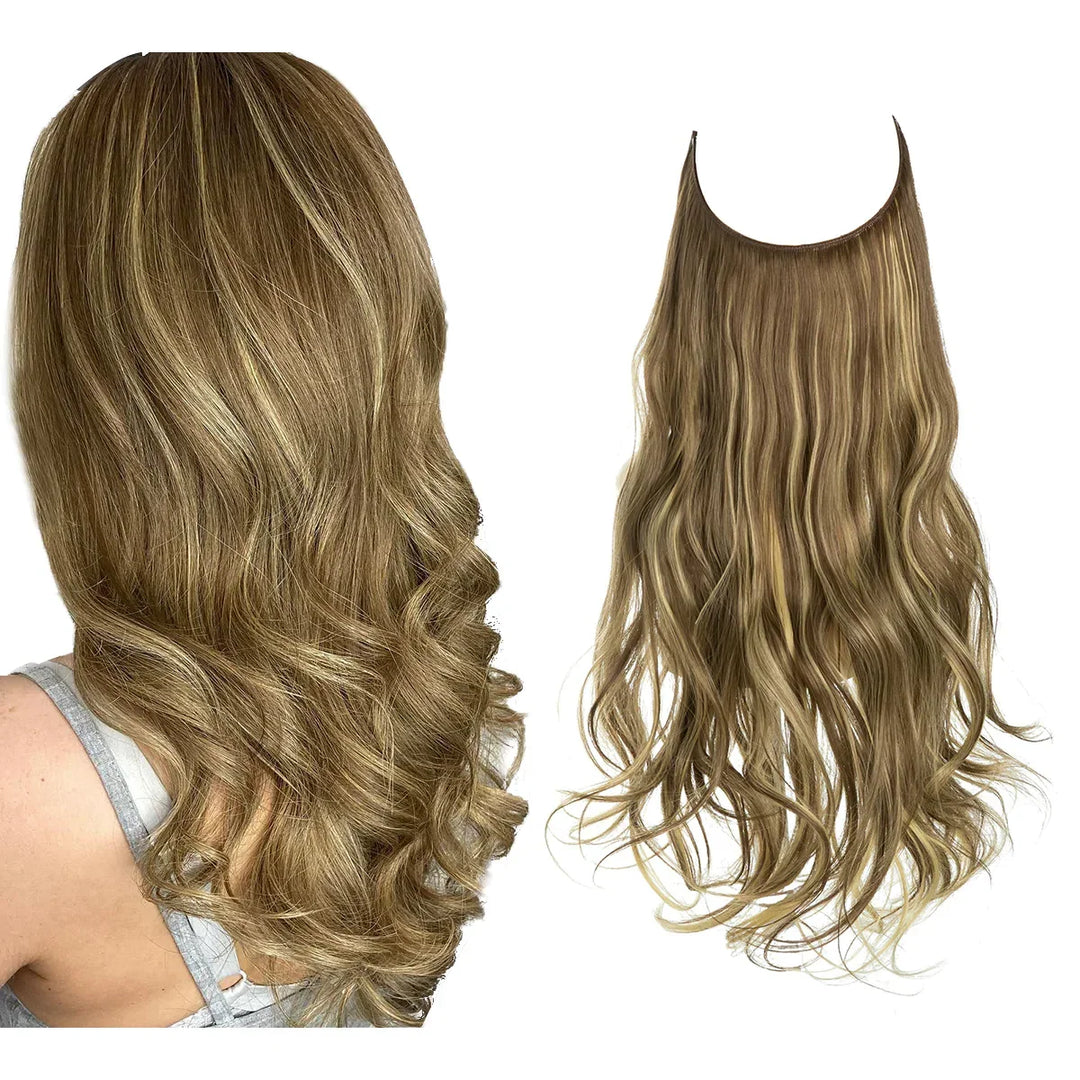 Back view of a woman wearing wavy brown and ash blonde hair extensions next to the extension piece