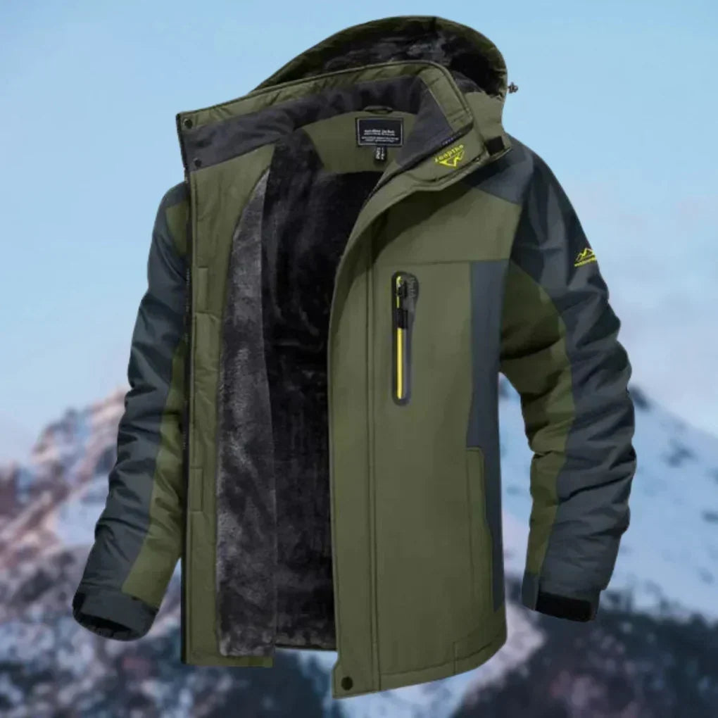 Men's green winter coat displayed against a mountain backdrop