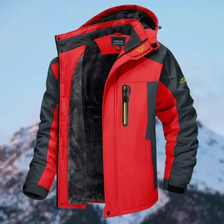 Men's red winter coat with weather-resistant outer layer