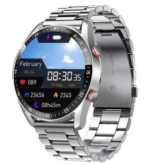Silver steel smart watch with circular touchscreen display