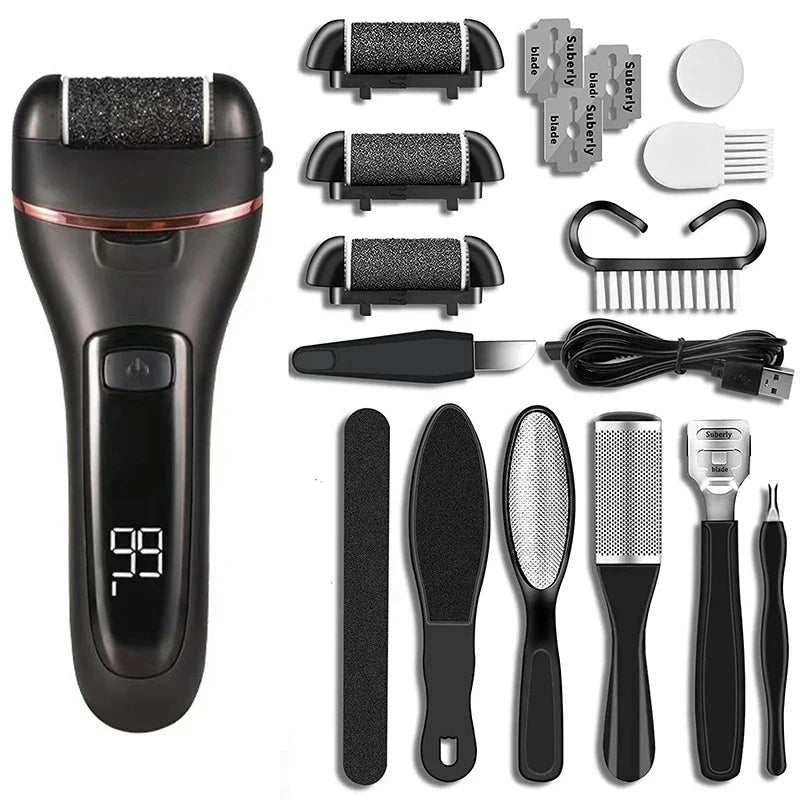 Black electric callus remover device displayed alongside various interchangeable abrasive heads and manual pedicure tools