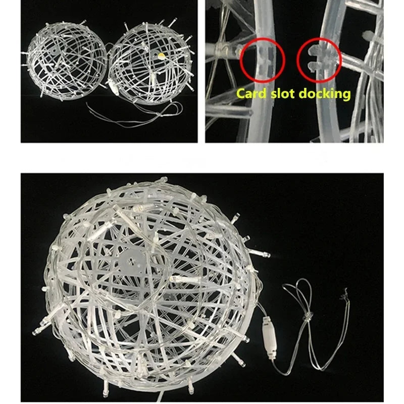 Close-up of woven rattan ball string lights illuminating a festive outdoor setting