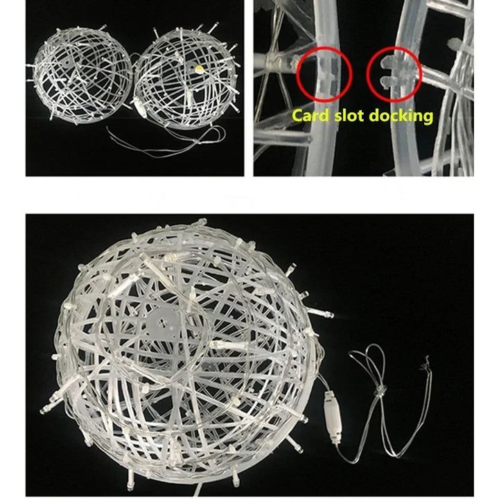 Close-up of woven rattan ball string lights illuminating a festive outdoor setting