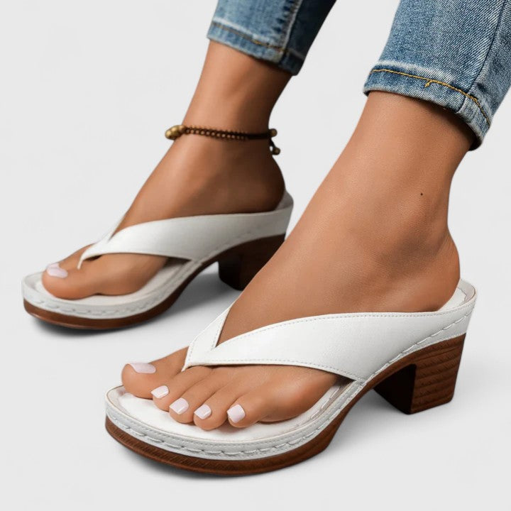 Side angle of women's Talia block heel thong sandals in summer footwear style
