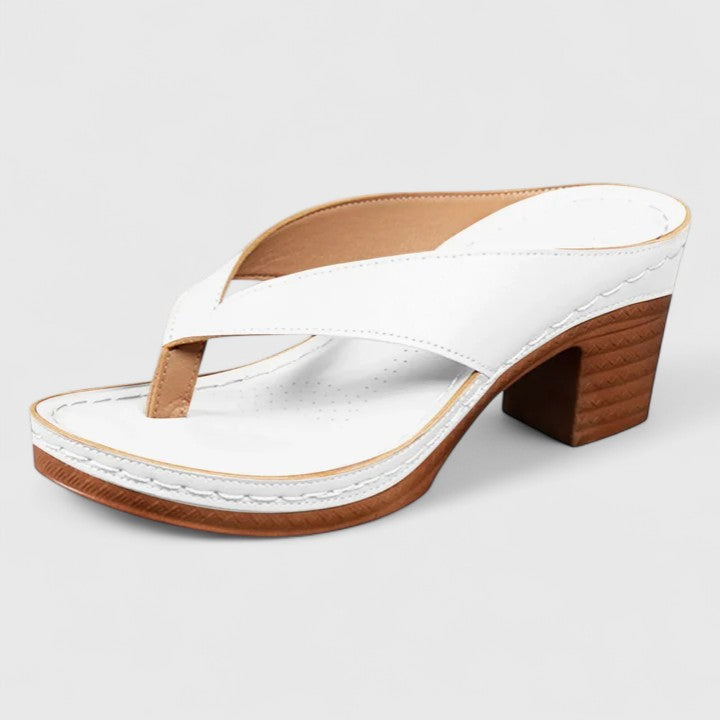Close-up of comfortable block heel and cushioned footbed on women's sandals