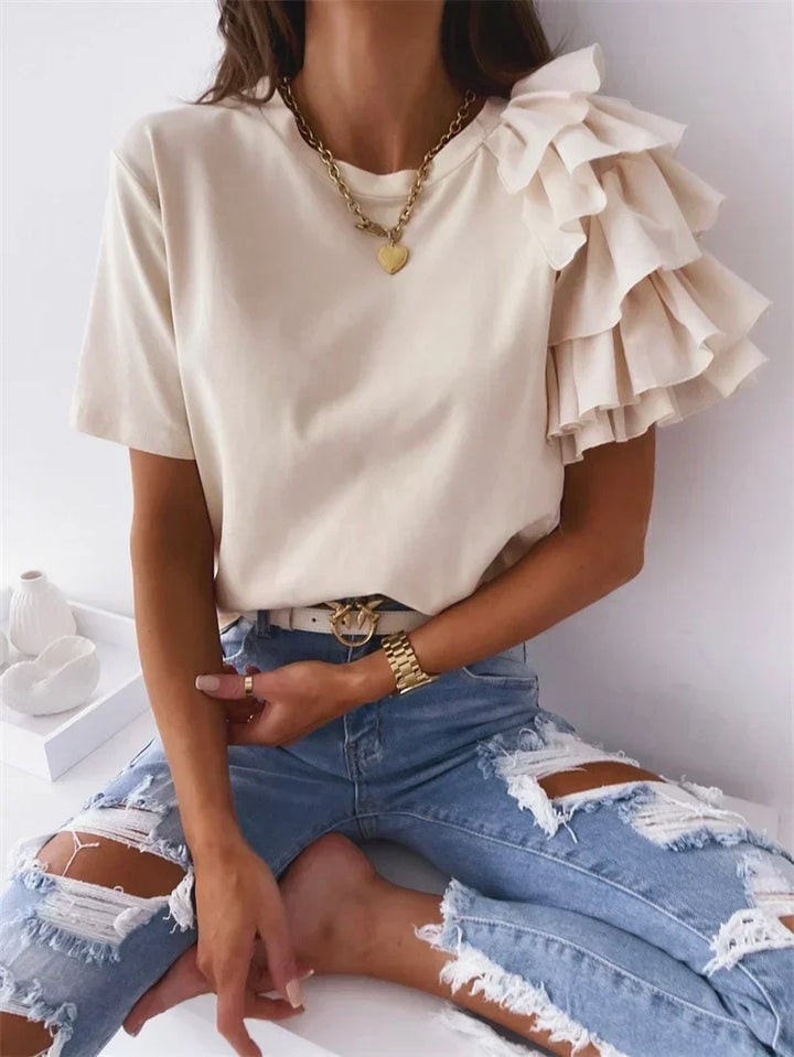 Back view of women's chic ruffle sleeve top, stylish summer party blouse