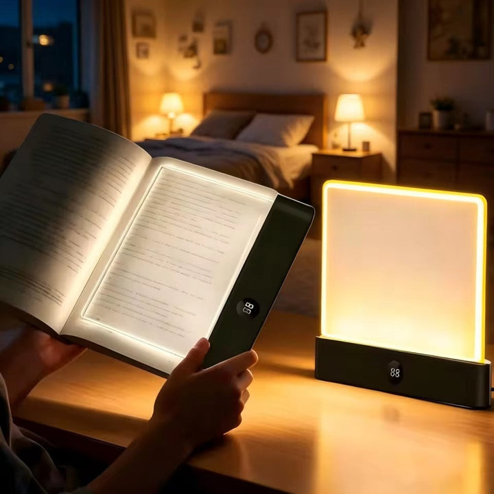 A sleek black reading lamp placed on a wooden desk next to an open book