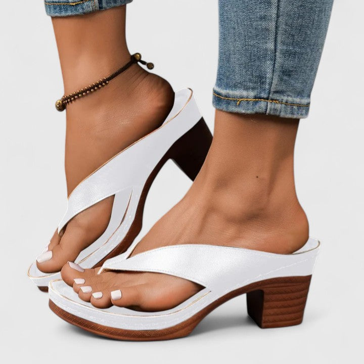 Back view of heeled thong sandals showing sturdy block heel design for women