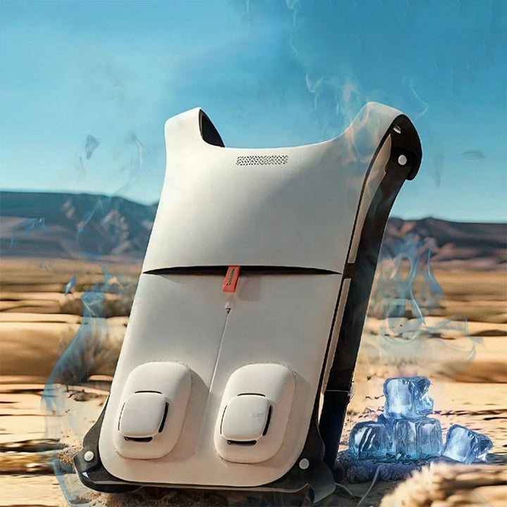Cooling vest displayed in an outdoor desert setting