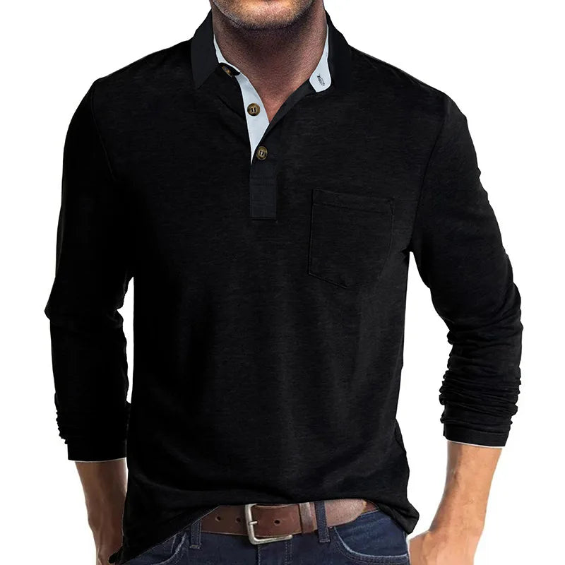 Man wearing a black long-sleeved polo shirt with contrast collar and chest pocket