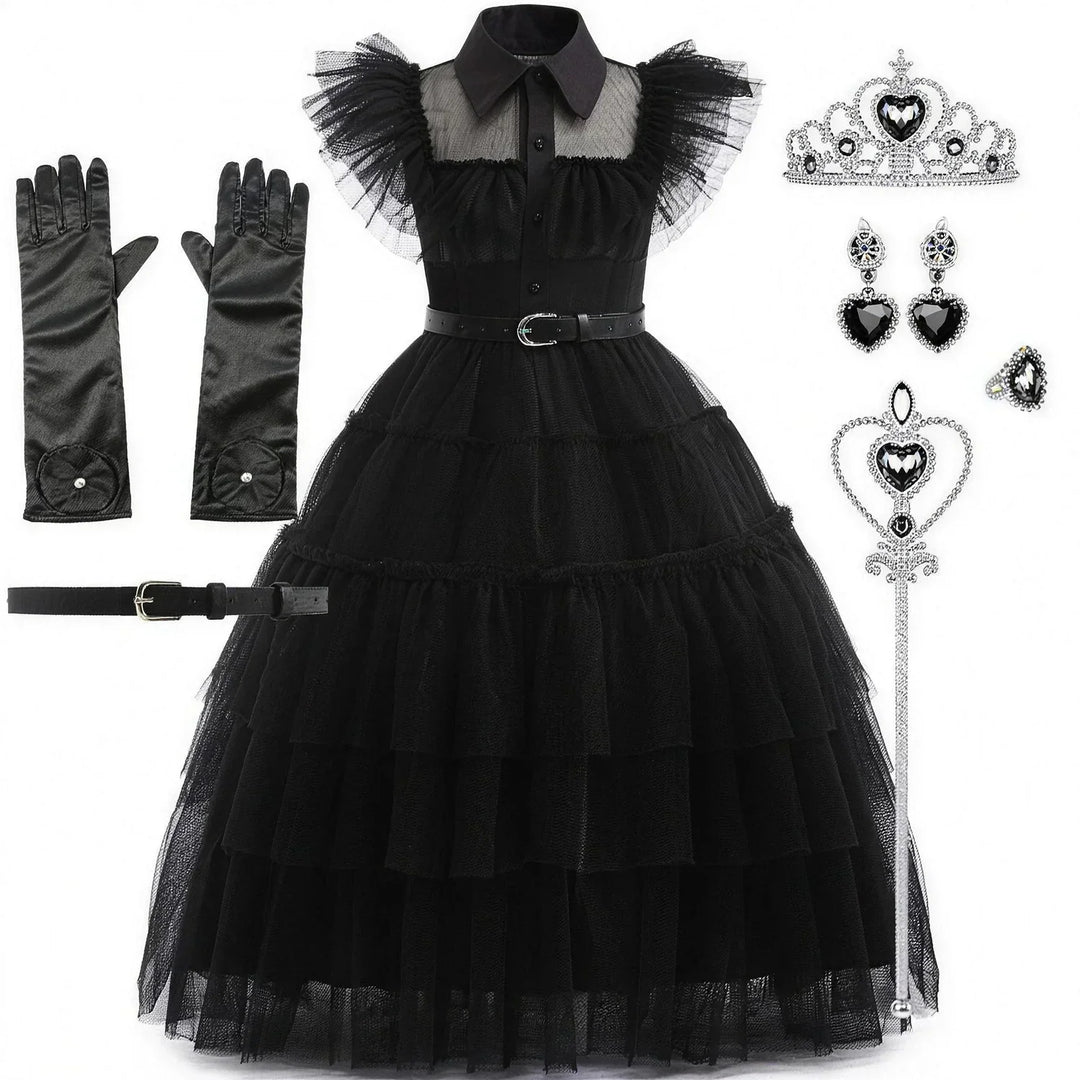Complete gothic dress costume bundle featuring crown, earrings, gloves, and wand