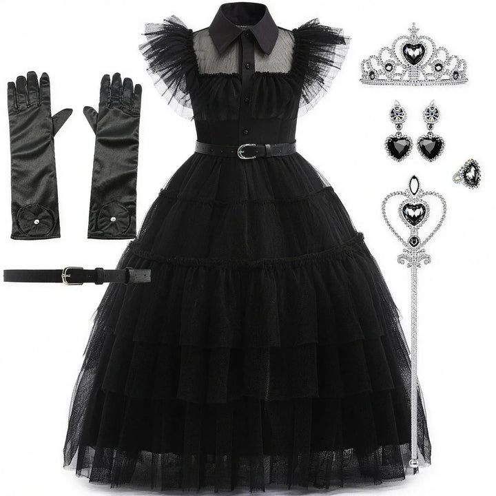Complete gothic dress costume bundle featuring crown, earrings, gloves, and wand