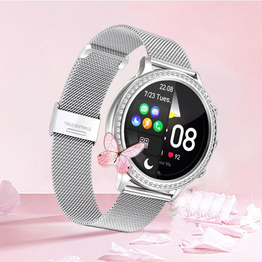 Fitness tracker watch showing real-time heart rate monitoring screen