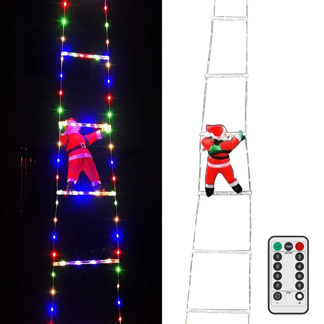 Outdoor lighting setup featuring glowing Santa Claus holiday string lights