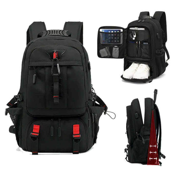 Spacious travel bag interior compartment holding a laptop and essentials