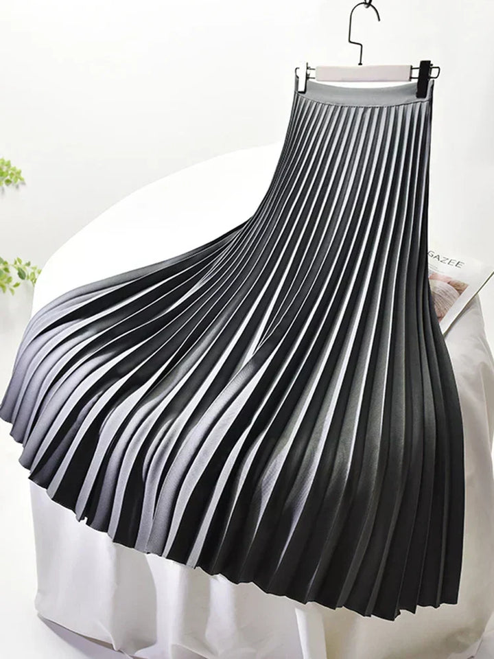 Close-up of pleated fabric texture on a women's casual midi skirt
