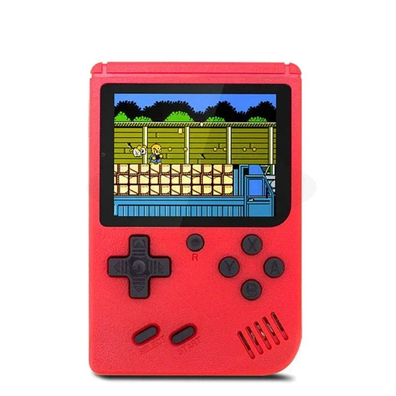 Red retro handheld video games console showing gameplay screen